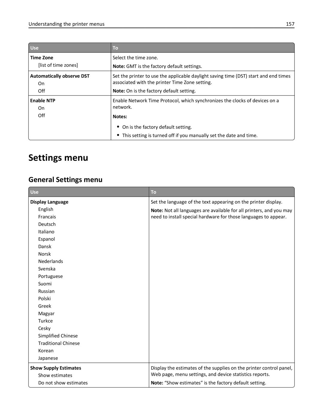 Lexmark 675, 470, 35S5701, 670, MX510, MX410DE manual General Settings menu, Understanding the printer menus 157 