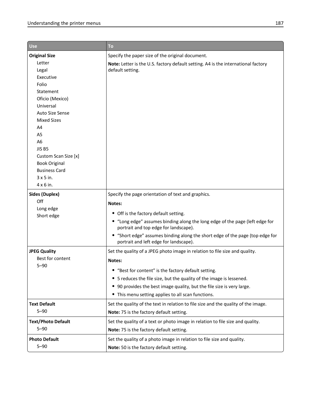 Lexmark 470, 35S5701, 670, 675, MX510, MX410DE manual Understanding the printer menus 187, Original Size 