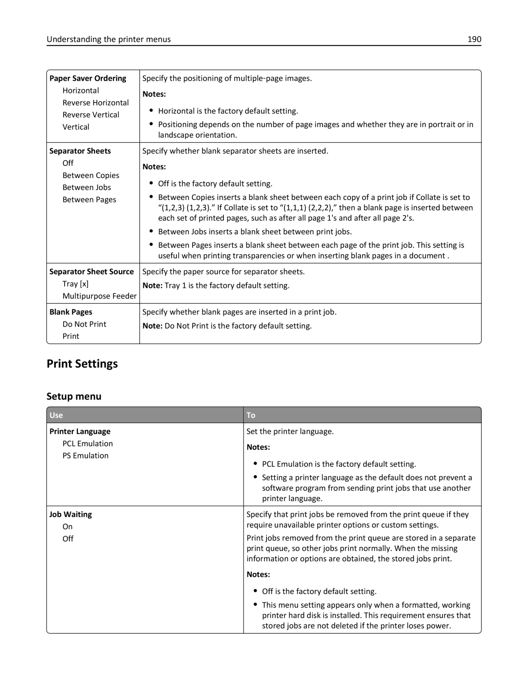 Lexmark 35S5701, 470, 670, 675, MX510, MX410DE manual Print Settings, Setup menu, Understanding the printer menus 190 