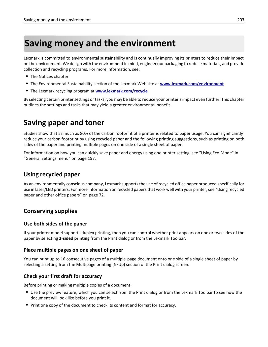 Lexmark 470, 35S5701 Saving money and the environment, Saving paper and toner, Using recycled paper, Conserving supplies 