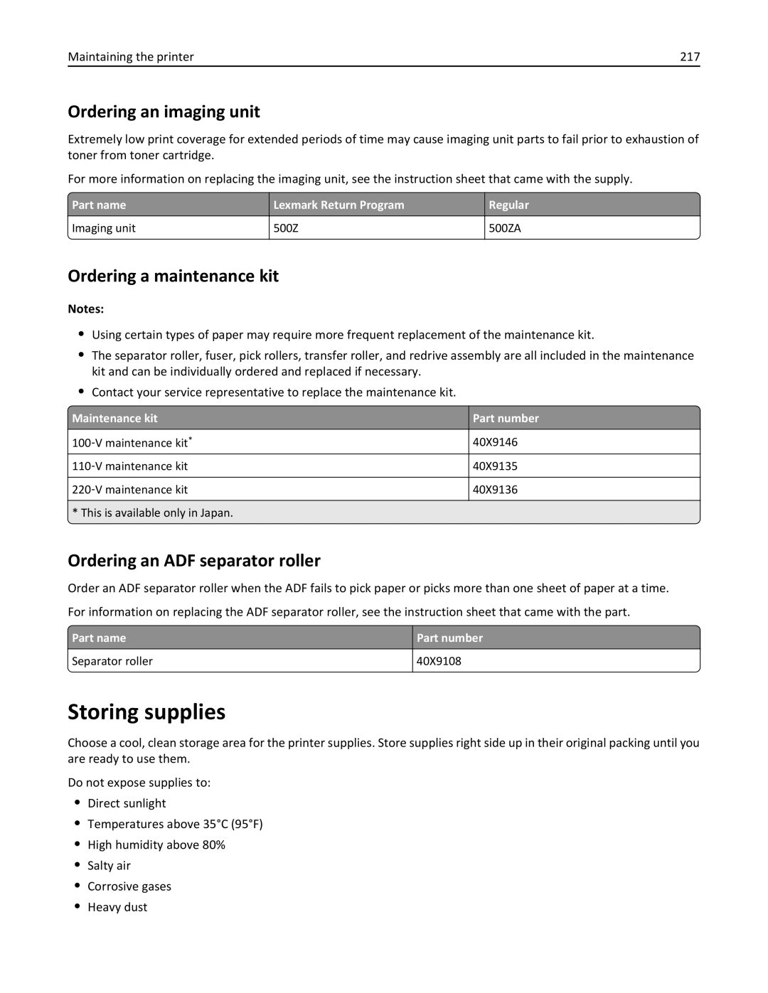 Lexmark 470, 670 Storing supplies, Ordering an imaging unit, Ordering a maintenance kit, Ordering an ADF separator roller 