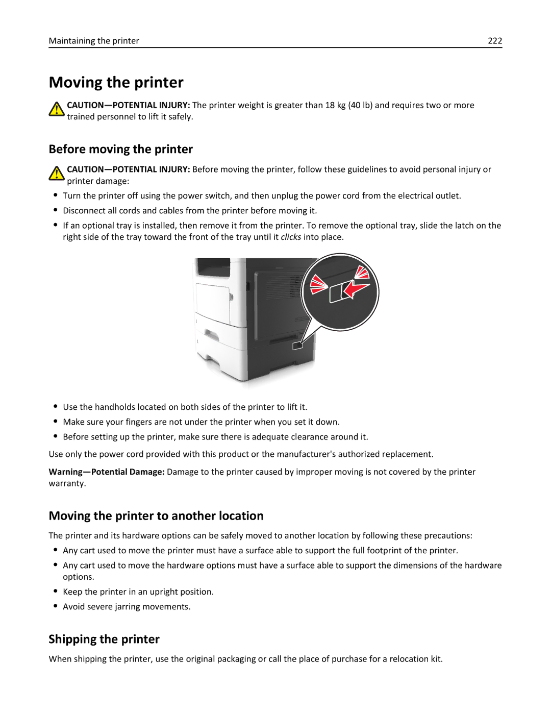 Lexmark MX410, 470, 35S5701, 670 Before moving the printer, Moving the printer to another location, Shipping the printer 