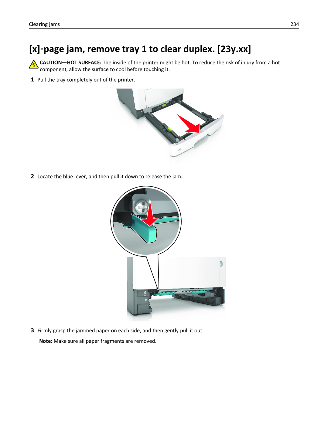 Lexmark 675, 470, 35S5701, 670, MX510, MX410DE manual ‑page jam, remove tray 1 to clear duplex y.xx, Clearing jams 234 