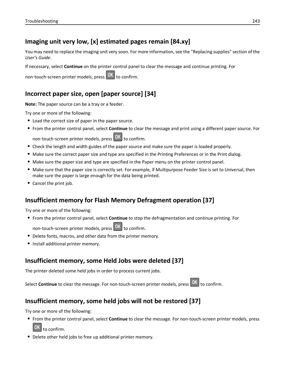 Lexmark MX410, 470, 35S5701 Imaging unit very low, x estimated pages remain 84.xy, Incorrect paper size, open paper source 