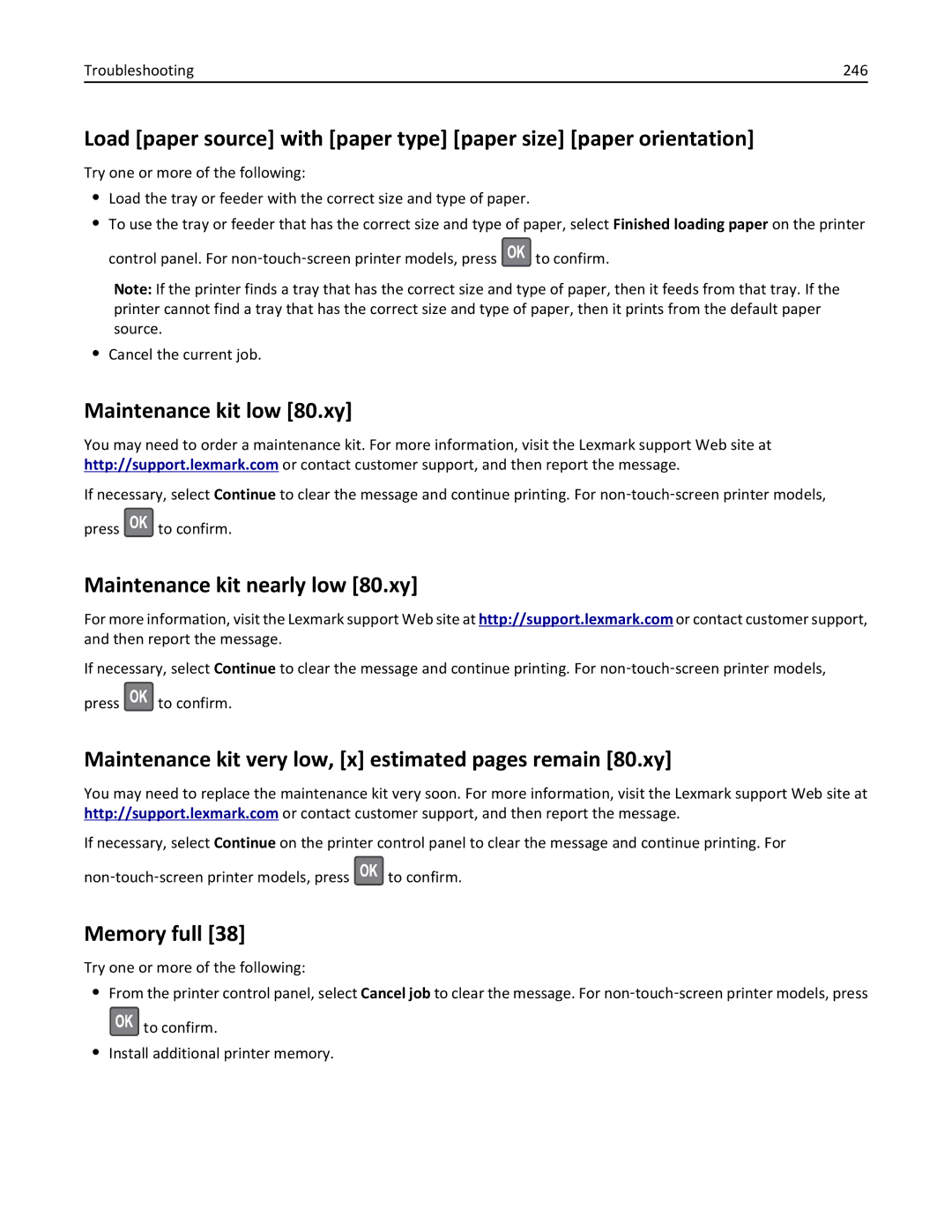 Lexmark 35S5701, 470, 670, 675 Maintenance kit low 80.xy, Maintenance kit nearly low 80.xy, Memory full, Troubleshooting 246 