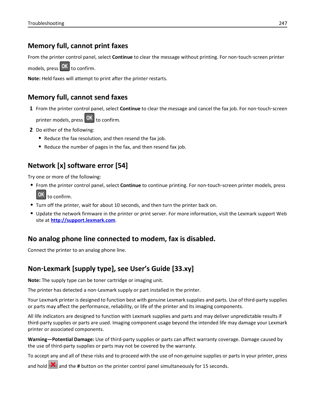 Lexmark 670, 470, 35S5701, 675 Memory full, cannot print faxes, Memory full, cannot send faxes, Network x software error 