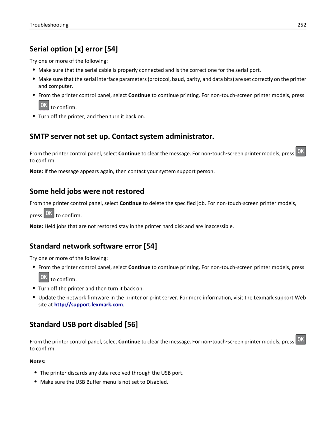 Lexmark 470 Serial option x error, Smtp server not set up. Contact system administrator, Some held jobs were not restored 