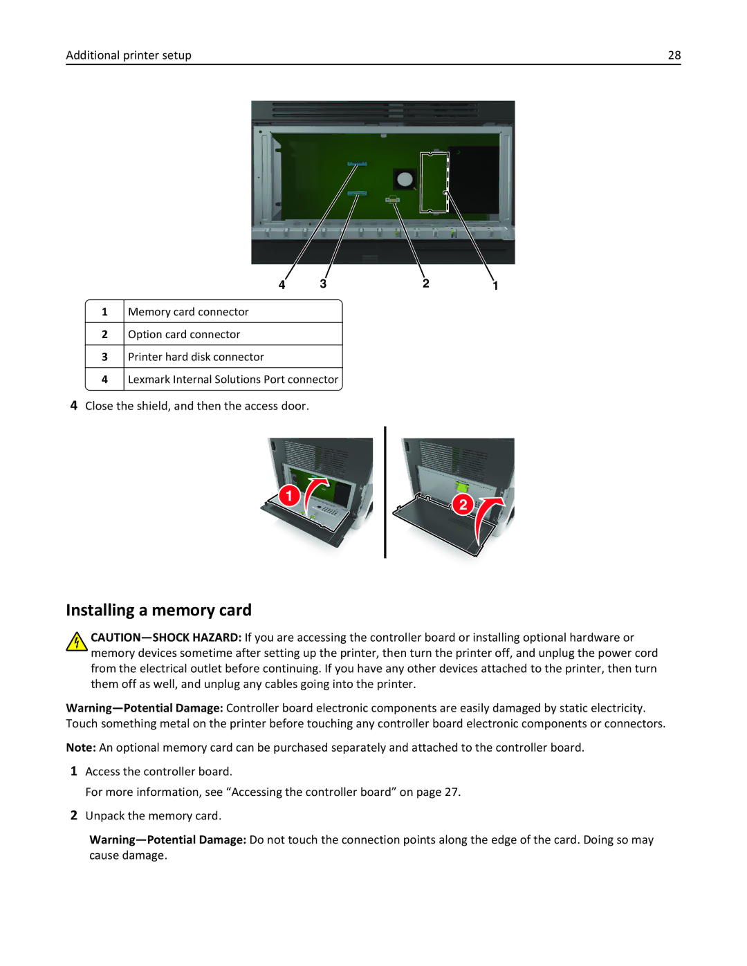 Lexmark 470, 35S5701, 670, 675, MX510, MX410DE manual Installing a memory card, Close the shield, and then the access door 