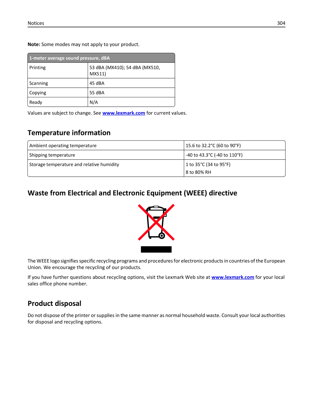 Lexmark 675, 470, 35S5701, 670, MX510, MX410 Temperature information, Product disposal, 304, Meter average sound pressure, dBA 