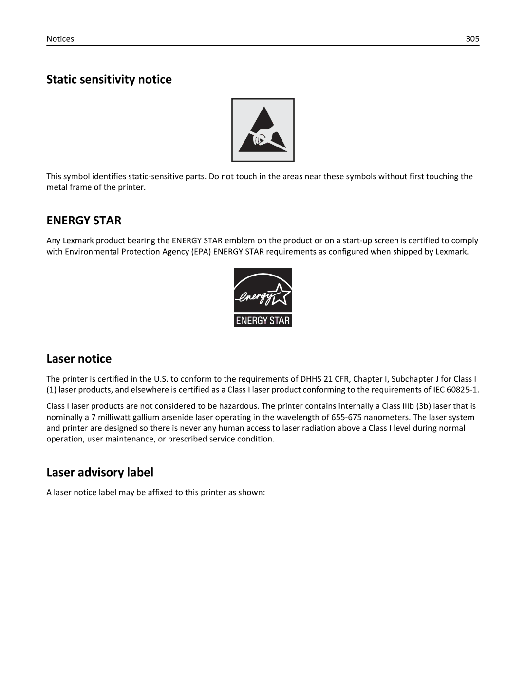 Lexmark MX510, 470, 35S5701, 670, 675, MX410DE manual Static sensitivity notice, Laser notice, Laser advisory label, 305 