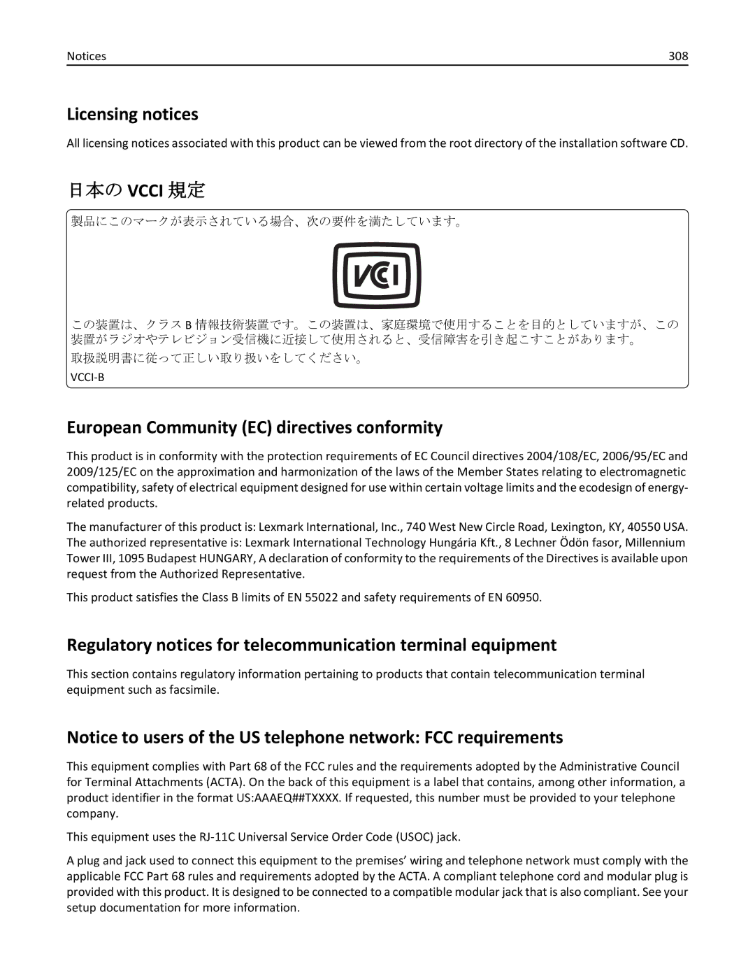 Lexmark 470, 35S5701, 670, 675, MX510, MX410DE manual Licensing notices, European Community EC directives conformity, 308 