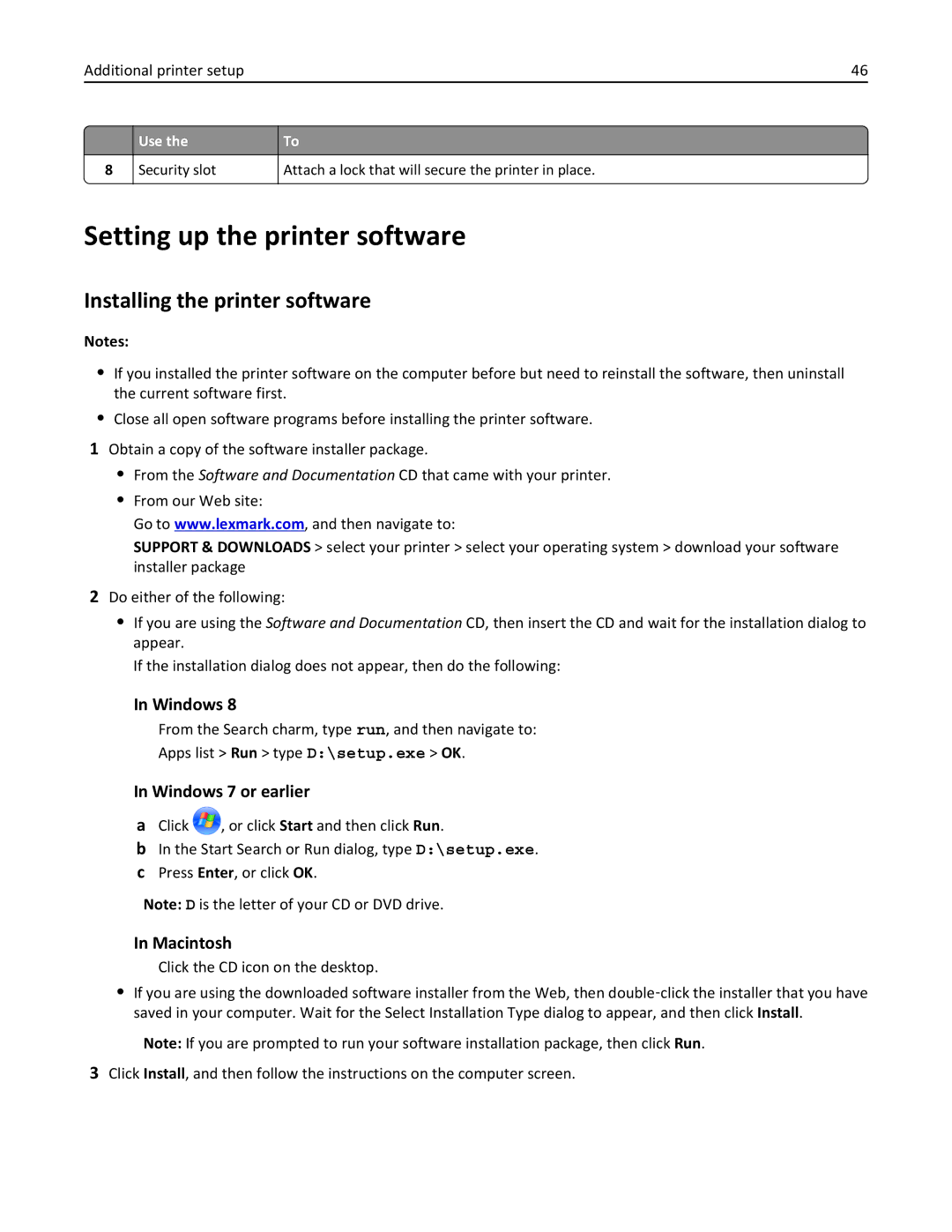 Lexmark MX510, 470, 35S5701, 670, 675, MX410DE manual Setting up the printer software, Installing the printer software 