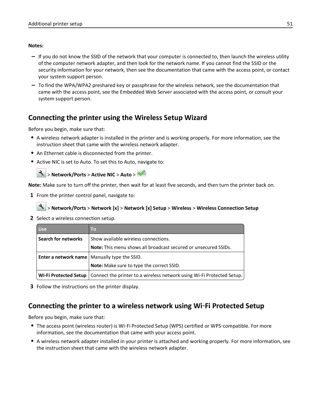 Lexmark 670, 470, 35S5701, 675, MX510 Connecting the printer using the Wireless Setup Wizard, Network/Ports Active NIC Auto 