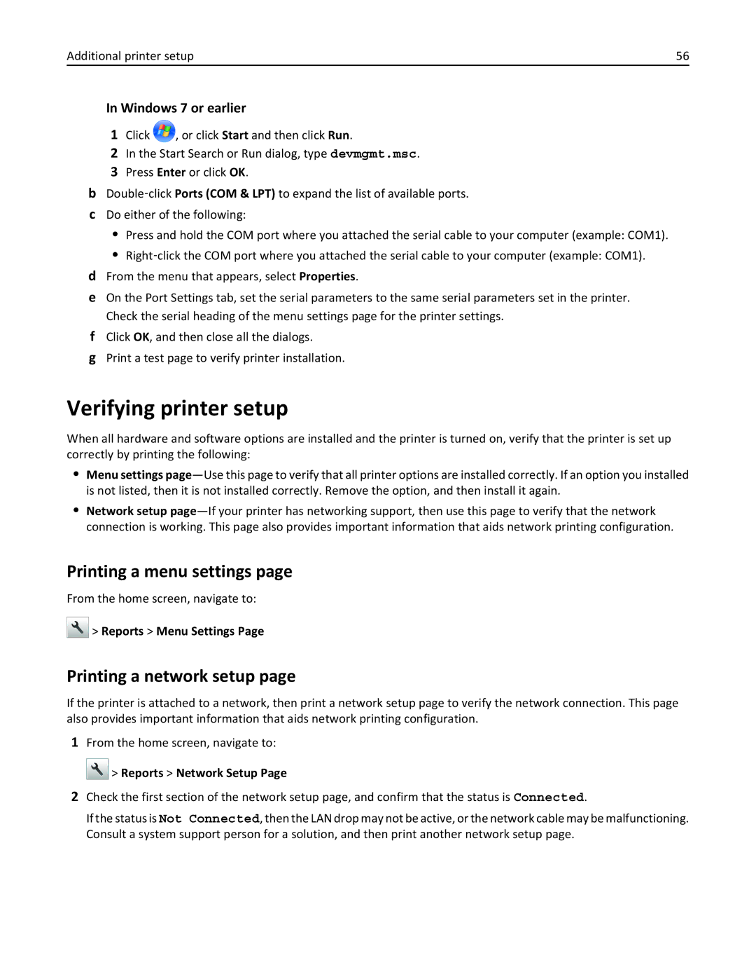 Lexmark 470, 35S5701 Verifying printer setup, Printing a menu settings, Printing a network setup, Reports Menu Settings 