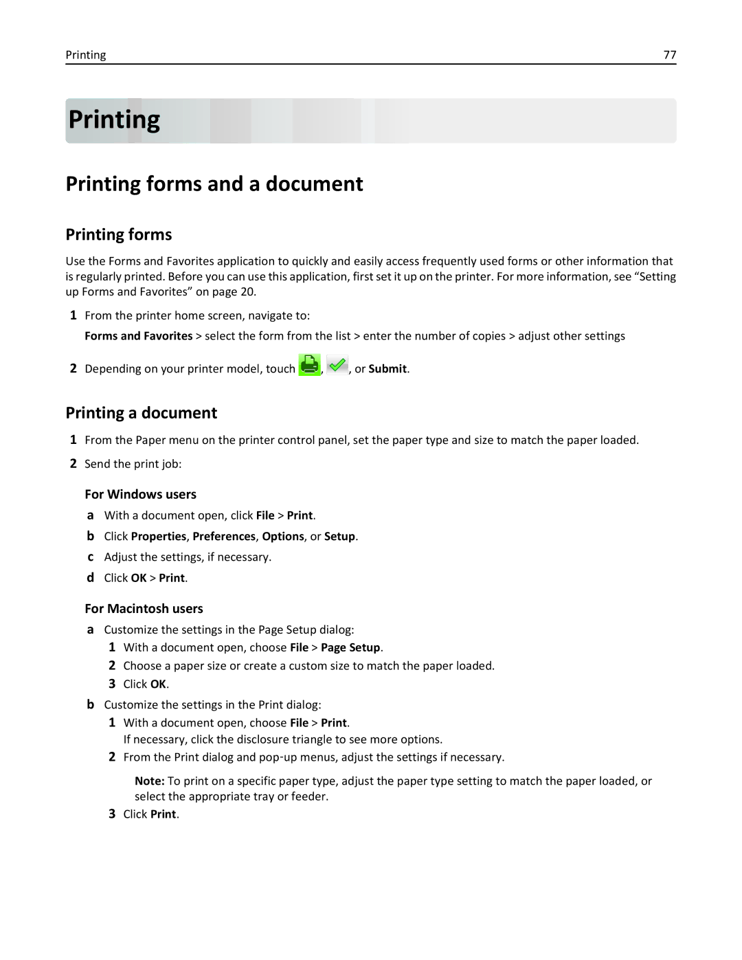 Lexmark 470, 35S5701, 670, 675, MX510, MX410DE manual Printing forms and a document, Printing a document 