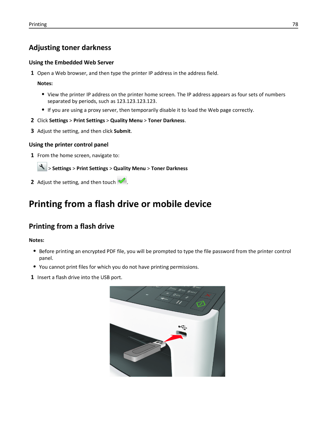 Lexmark 35S5701, 470, 670, 675, MX510, MX410DE manual Printing from a flash drive or mobile device, Adjusting toner darkness 