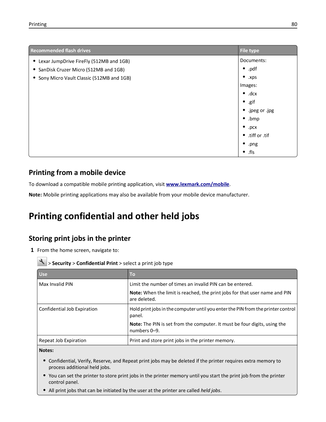 Lexmark 675 Printing confidential and other held jobs, Printing from a mobile device, Storing print jobs in the printer 