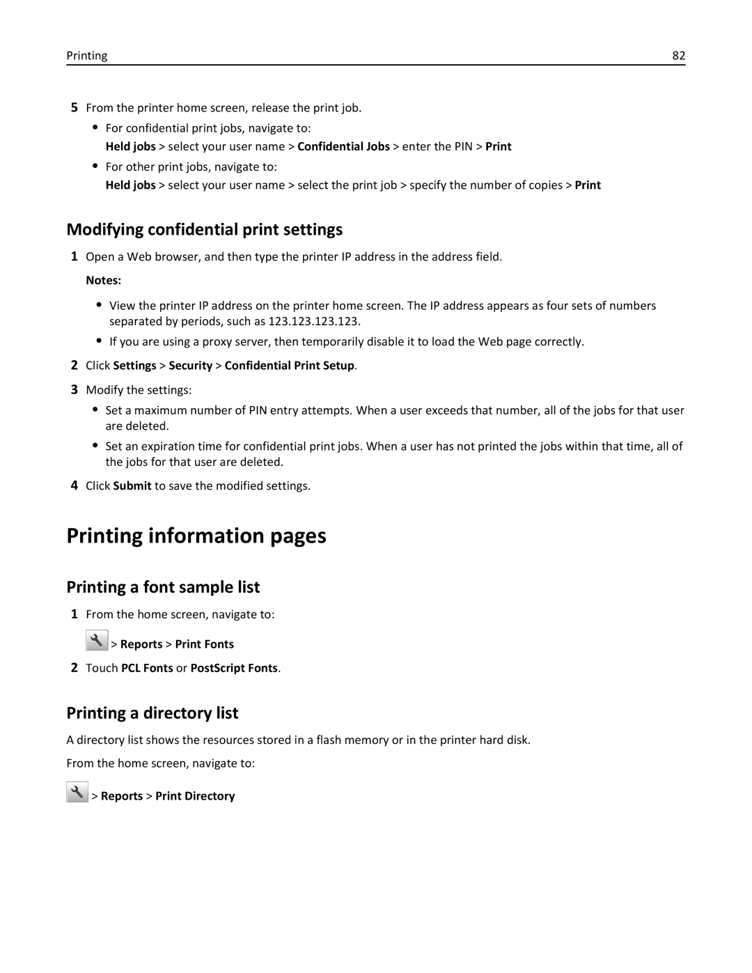 Lexmark MX410, 470, 35S5701 Printing information pages, Modifying confidential print settings, Printing a font sample list 