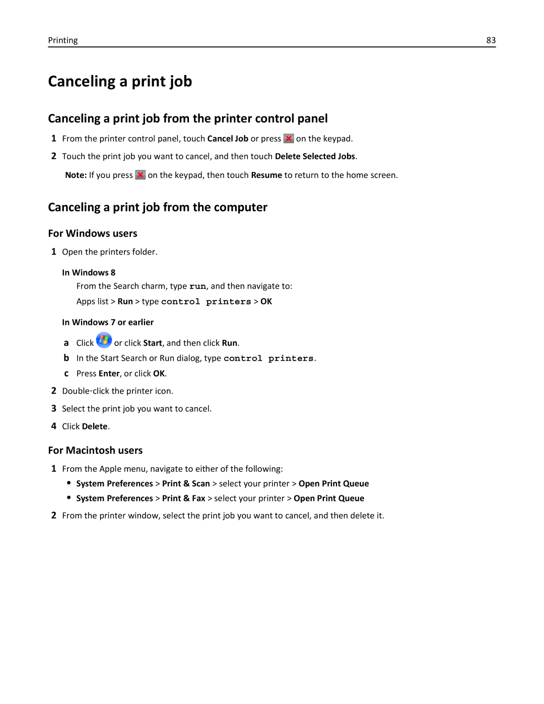 Lexmark MX410DE, 470, 670 Canceling a print job from the printer control panel, Canceling a print job from the computer 