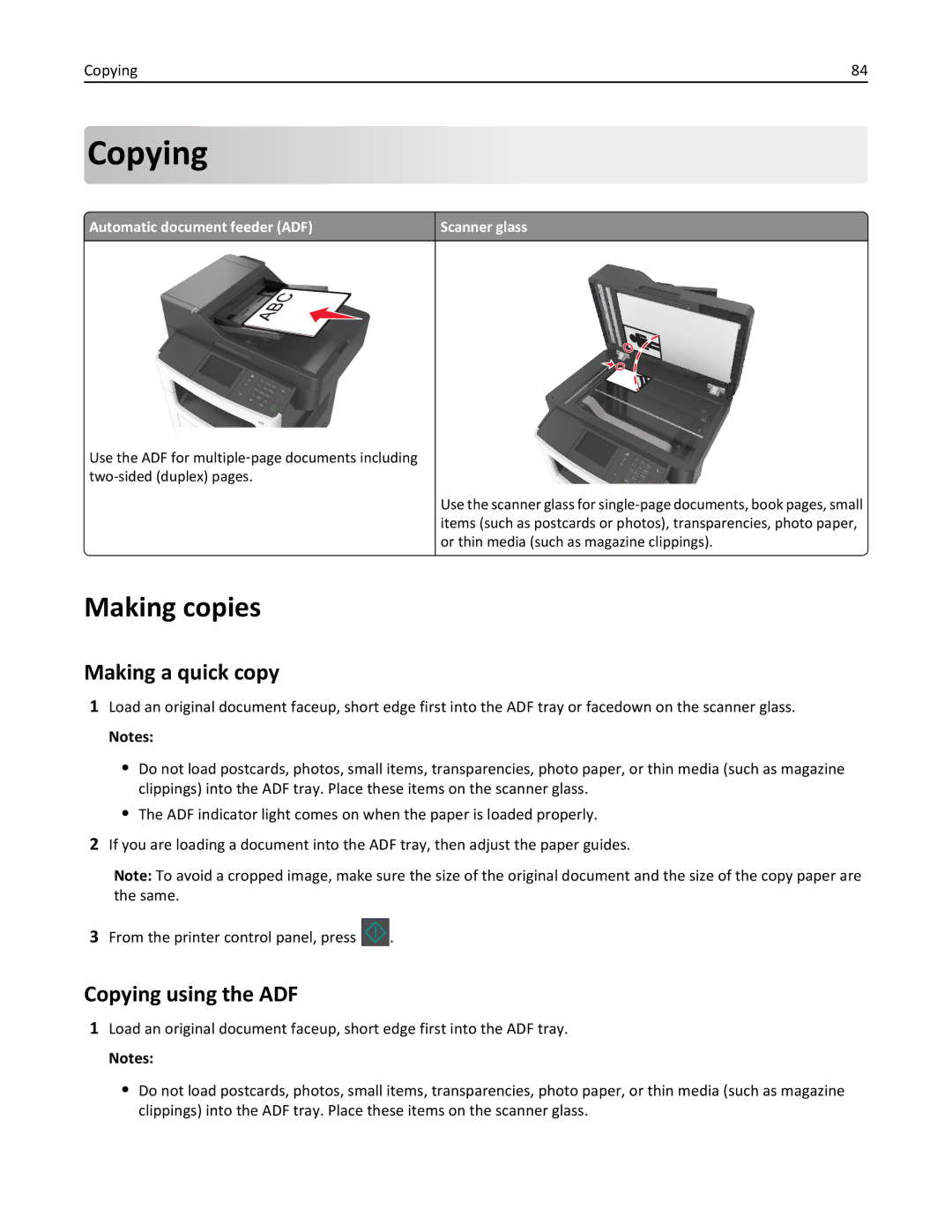 Lexmark 470, 35S5701, 670, 675, MX510, MX410DE manual Making copies, Making a quick copy, Copying using the ADF 