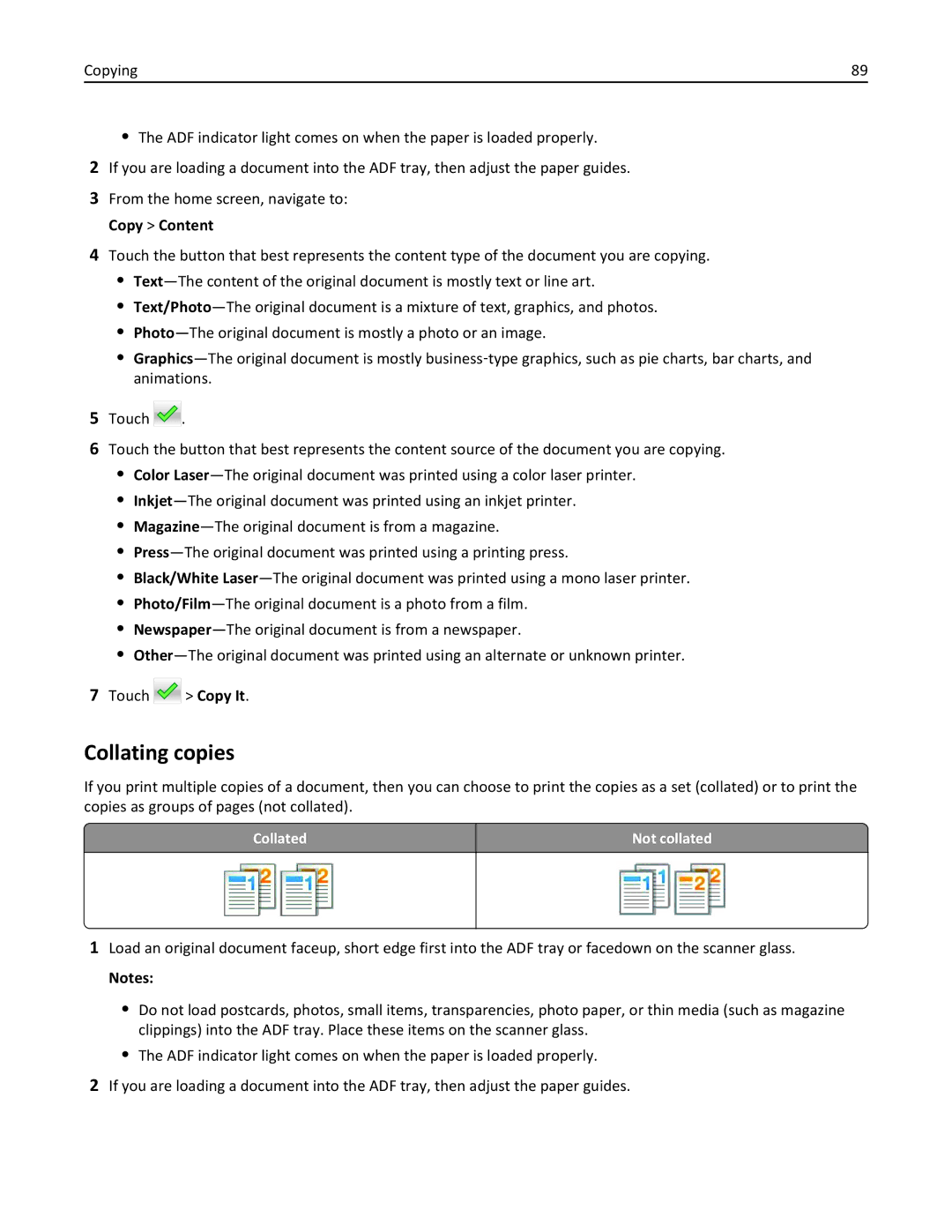 Lexmark 470, 35S5701, 670, 675, MX510, MX410DE manual Collating copies, Collated Not collated 