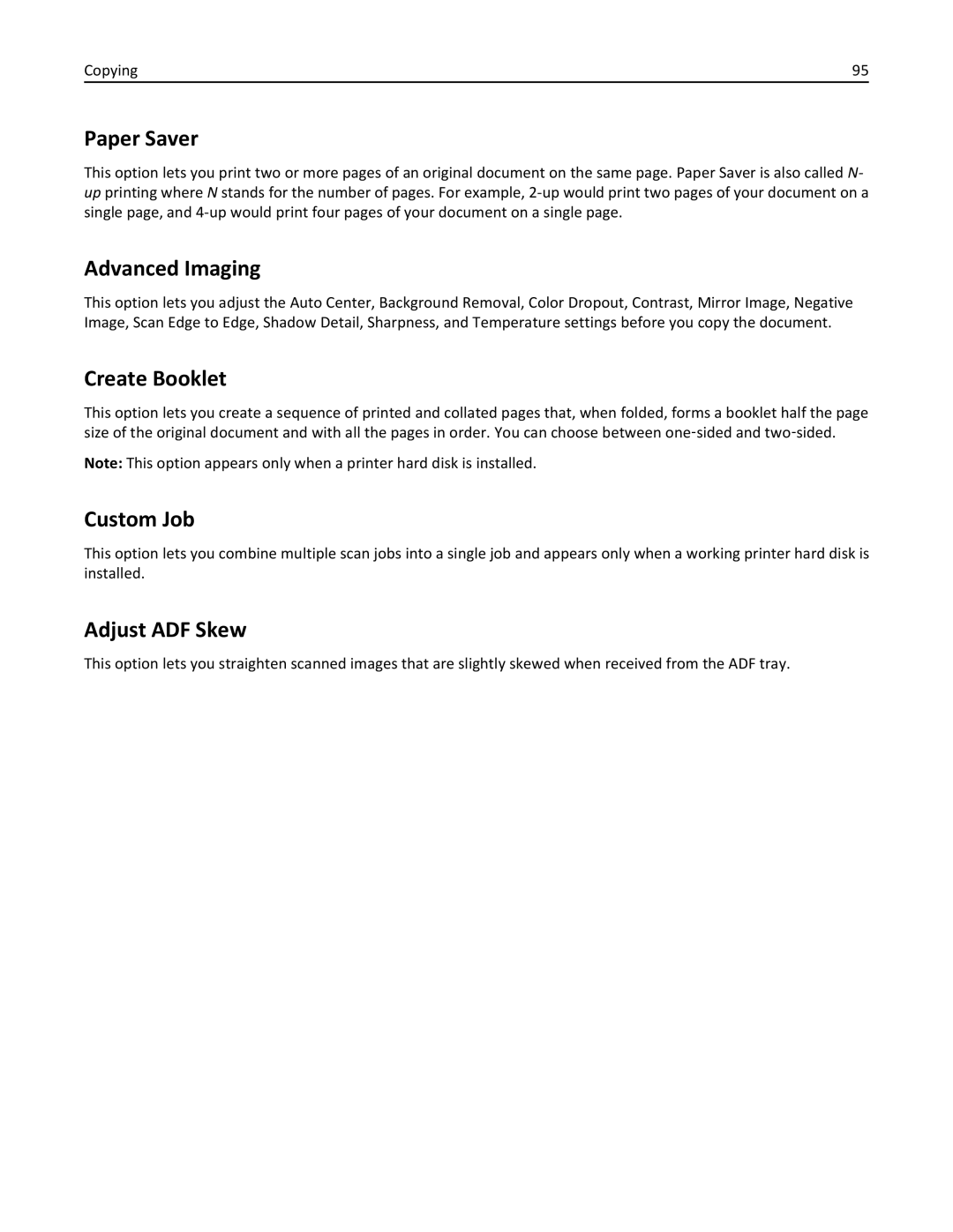 Lexmark MX510, 470, 35S5701, 670, 675, MX410 manual Paper Saver, Advanced Imaging, Create Booklet, Custom Job, Adjust ADF Skew 