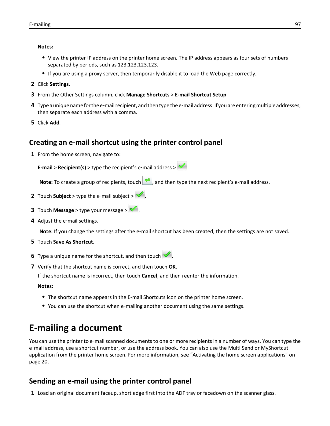 Lexmark MX410DE, 470, 670 Mailing a document, Creating an e-mail shortcut using the printer control panel, Click Settings 