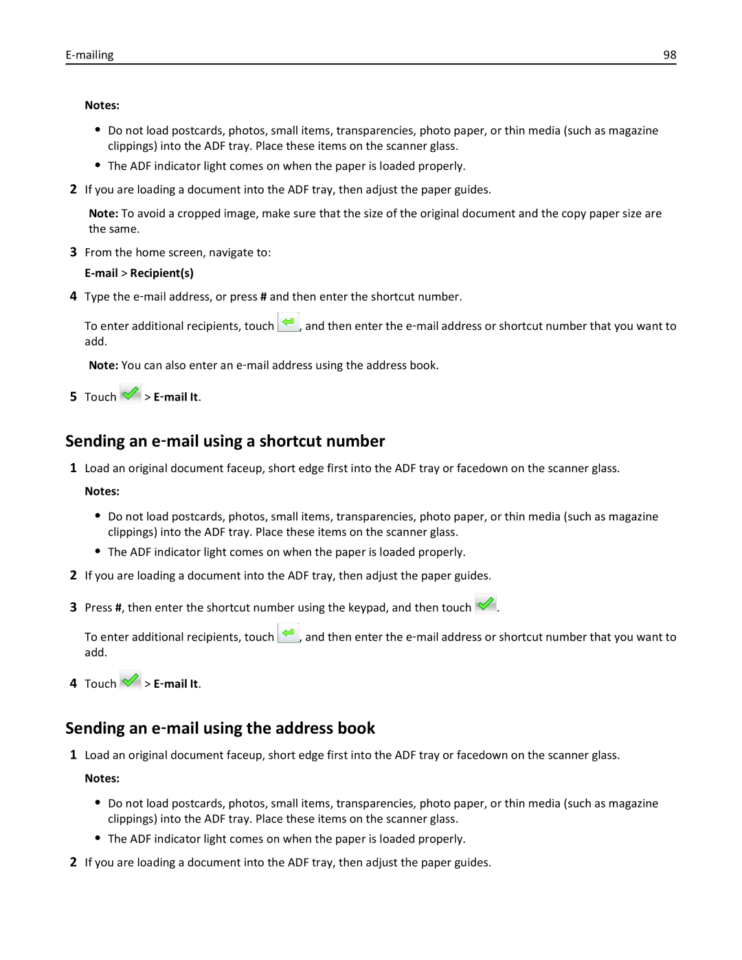 Lexmark 470, 35S5701, 670, 675, MX510 Sending an e‑mail using a shortcut number, Sending an e‑mail using the address book 