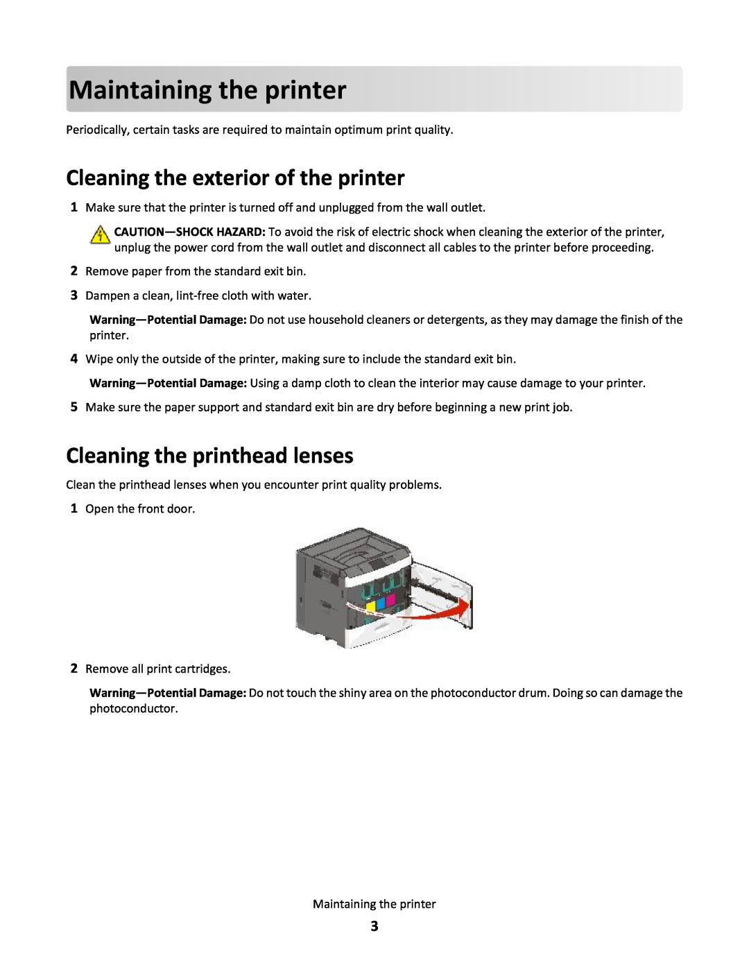 Lexmark C792X2MG, 47B0000 Maintaining the printer, Cleaning the exterior of the printer, Cleaning the printhead lenses 