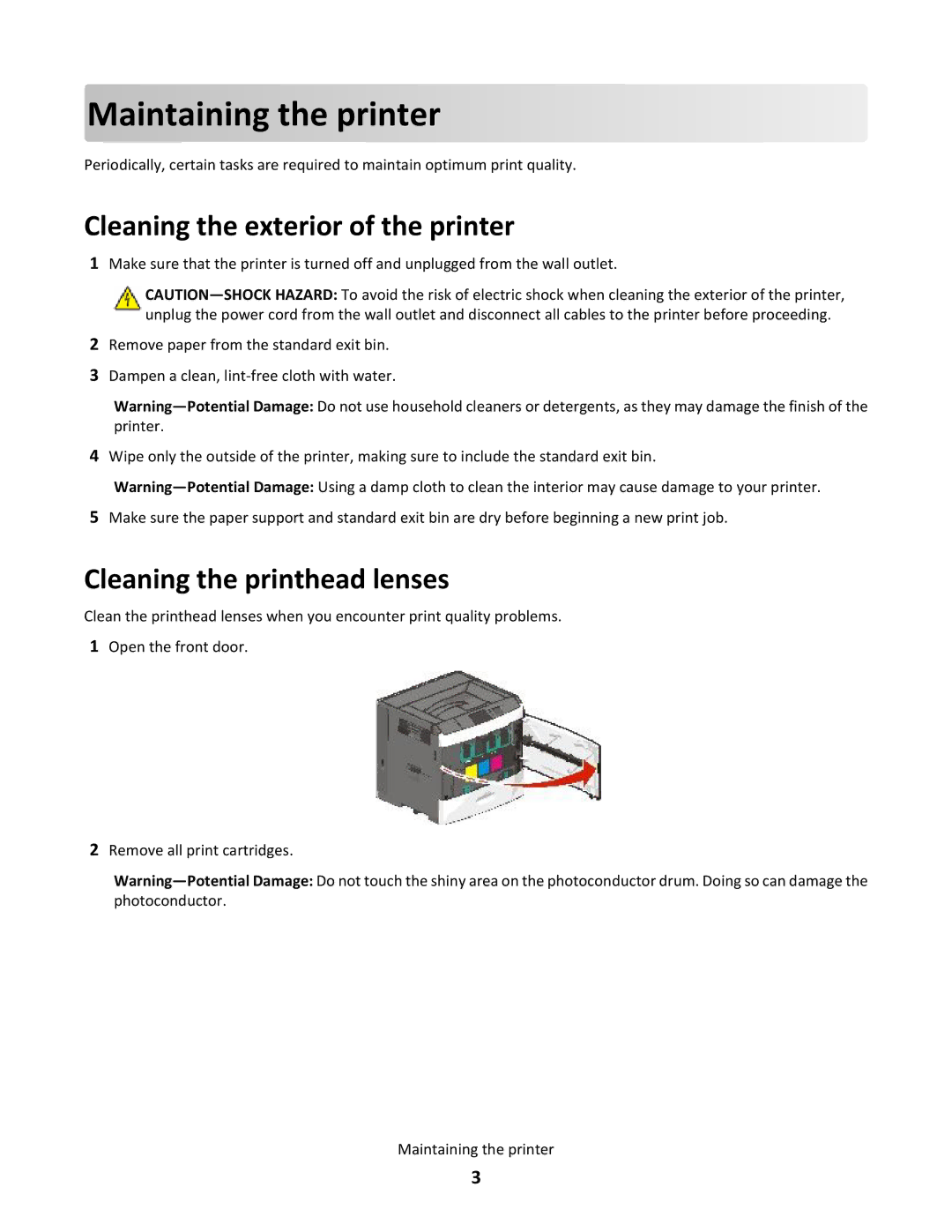 Lexmark C792X2MG, 47B0000, 792e, C792X2YG, C792X2KG manual Cleaning the exterior of the printer, Cleaning the printhead lenses 