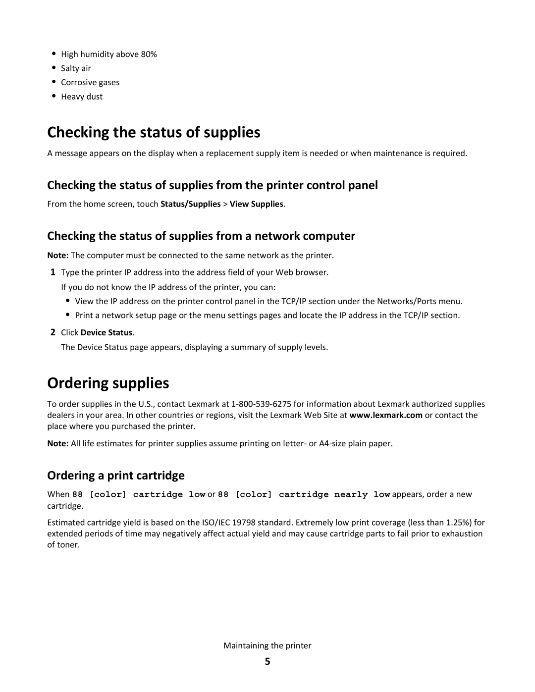 Lexmark C792X2CG, 47B0000, 792e, C792X2YG Checking the status of supplies, Ordering supplies, Ordering a print cartridge 