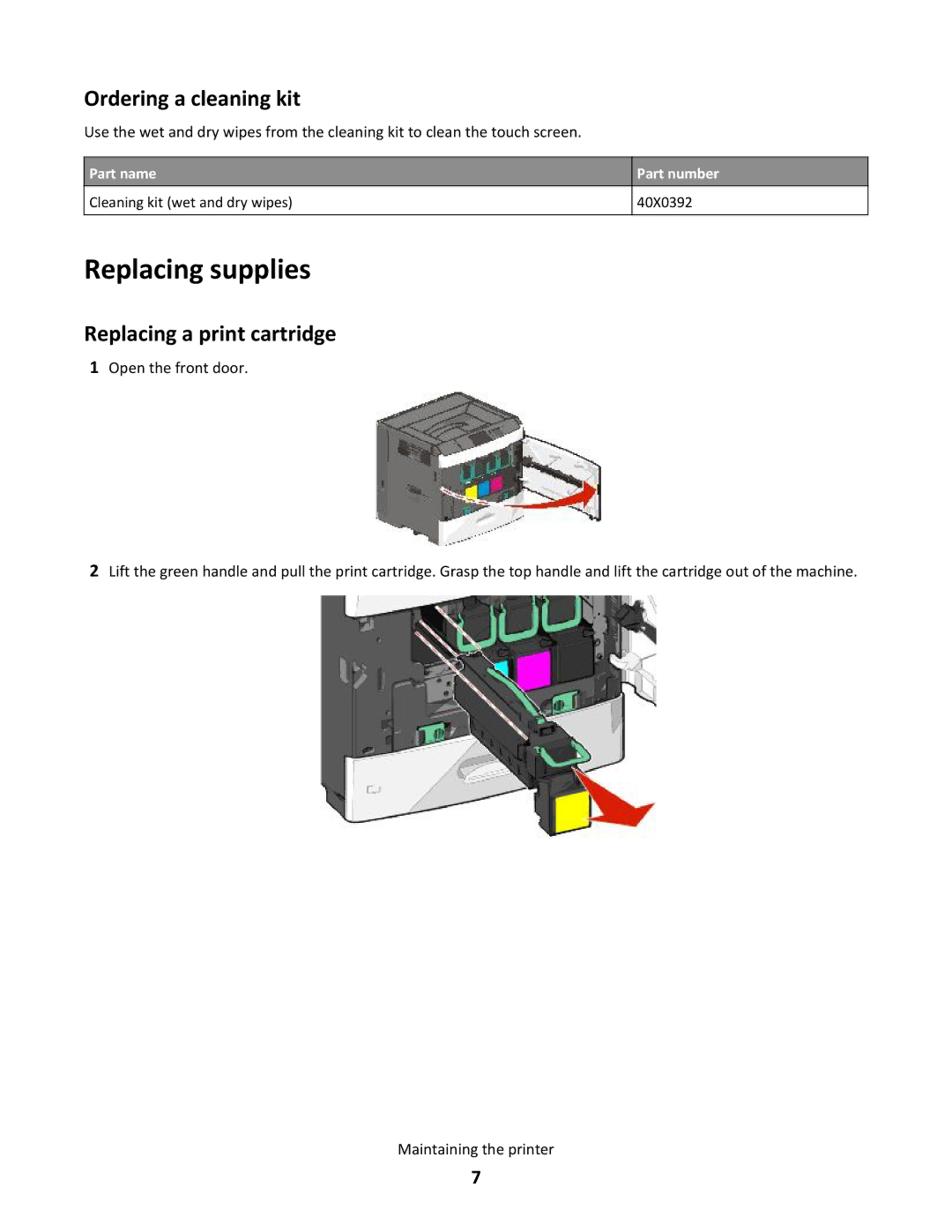 Lexmark C792X1MG, 47B0000, 792e, C792X2YG, C792X2MG Replacing supplies, Ordering a cleaning kit, Replacing a print cartridge 