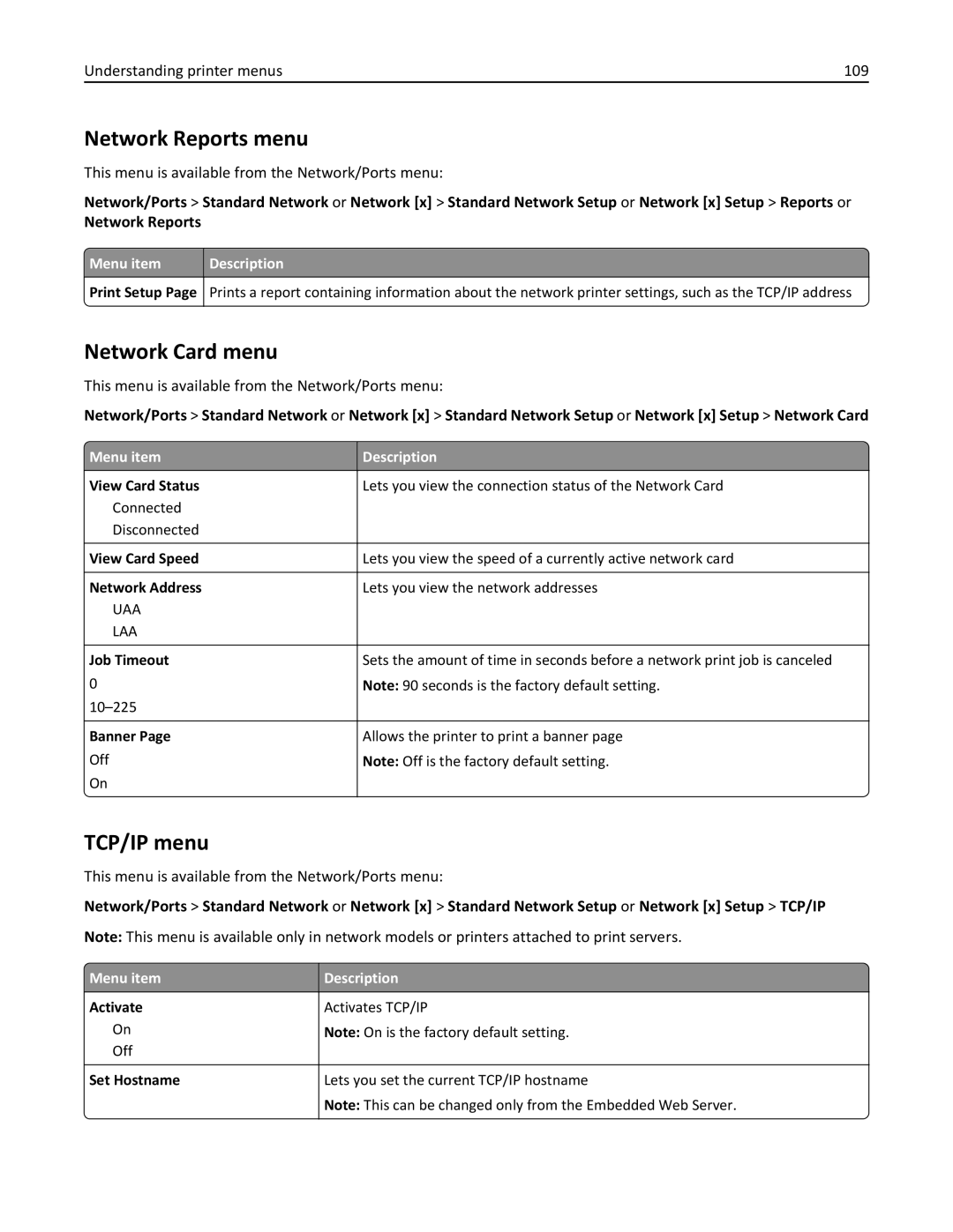 Lexmark 47B0002 manual Network Reports menu, Network Card menu, TCP/IP menu, Understanding printer menus 109 