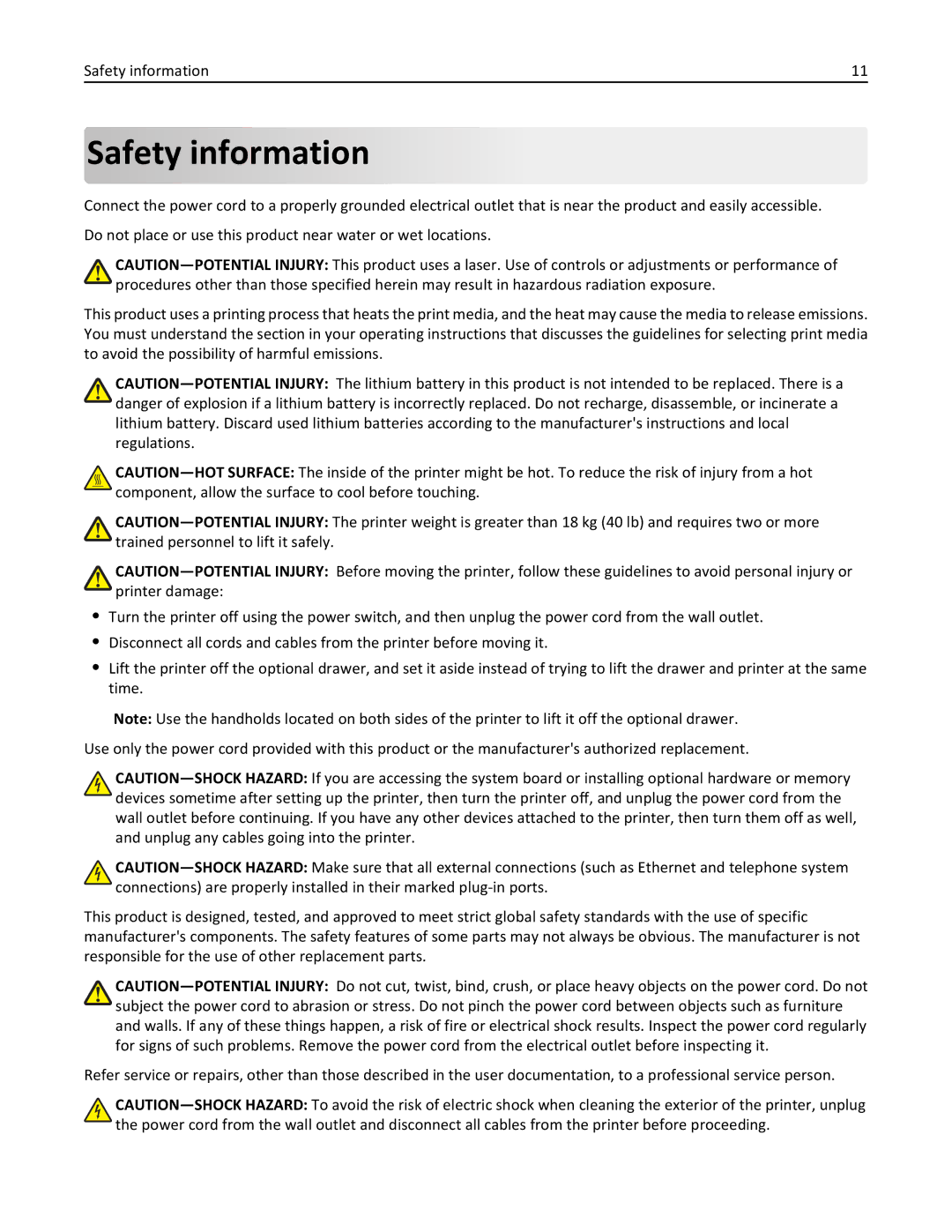 Lexmark 47B0002 manual Safety information 