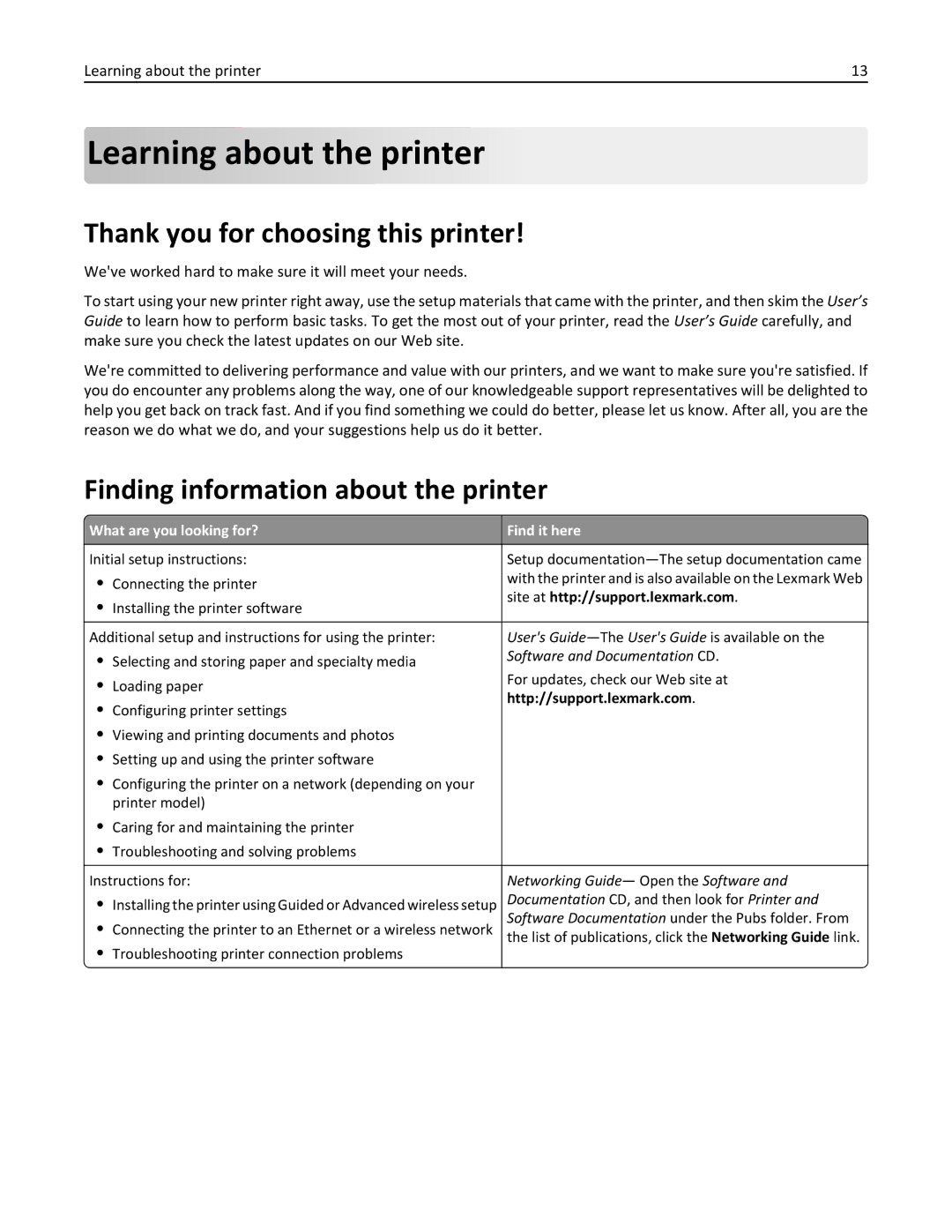 Lexmark 47B0002 Learning about the printer, Thank you for choosing this printer, Finding information about the printer 