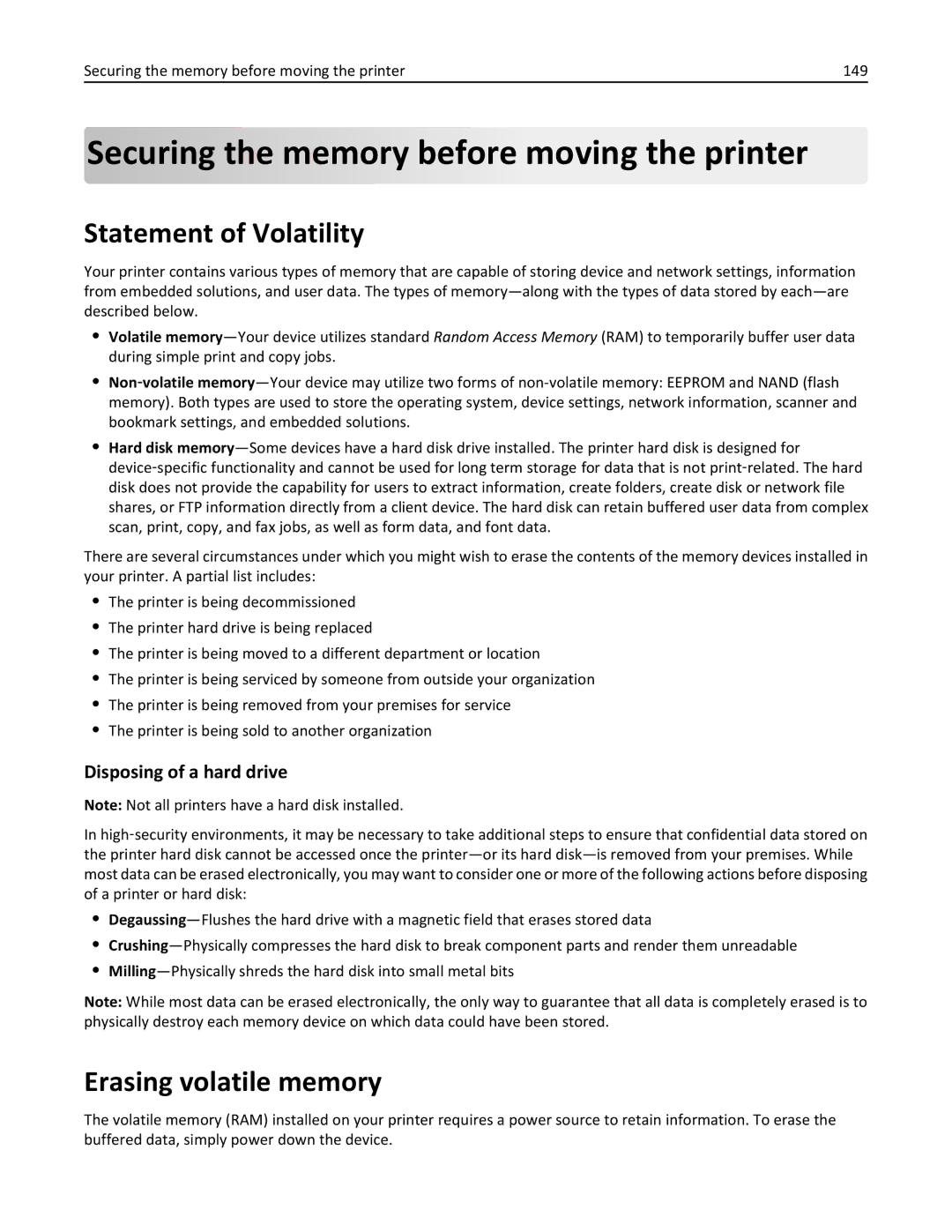 Lexmark 47B0002 manual Securing the memory before moving the printer, Statement of Volatility, Erasing volatile memory 