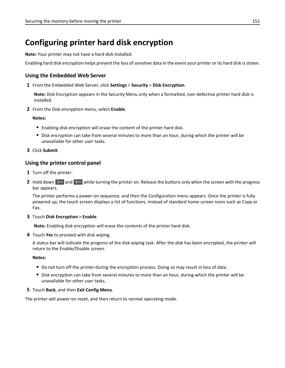 Lexmark 47B0002 manual Configuring printer hard disk encryption, Securing the memory before moving the printer 151 