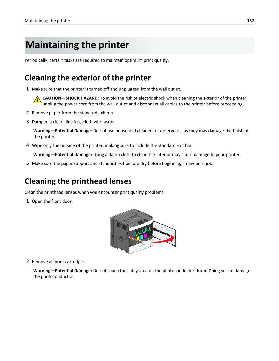 Lexmark 47B0002 manual Maintaining the printer, Cleaning the exterior of the printer, Cleaning the printhead lenses 