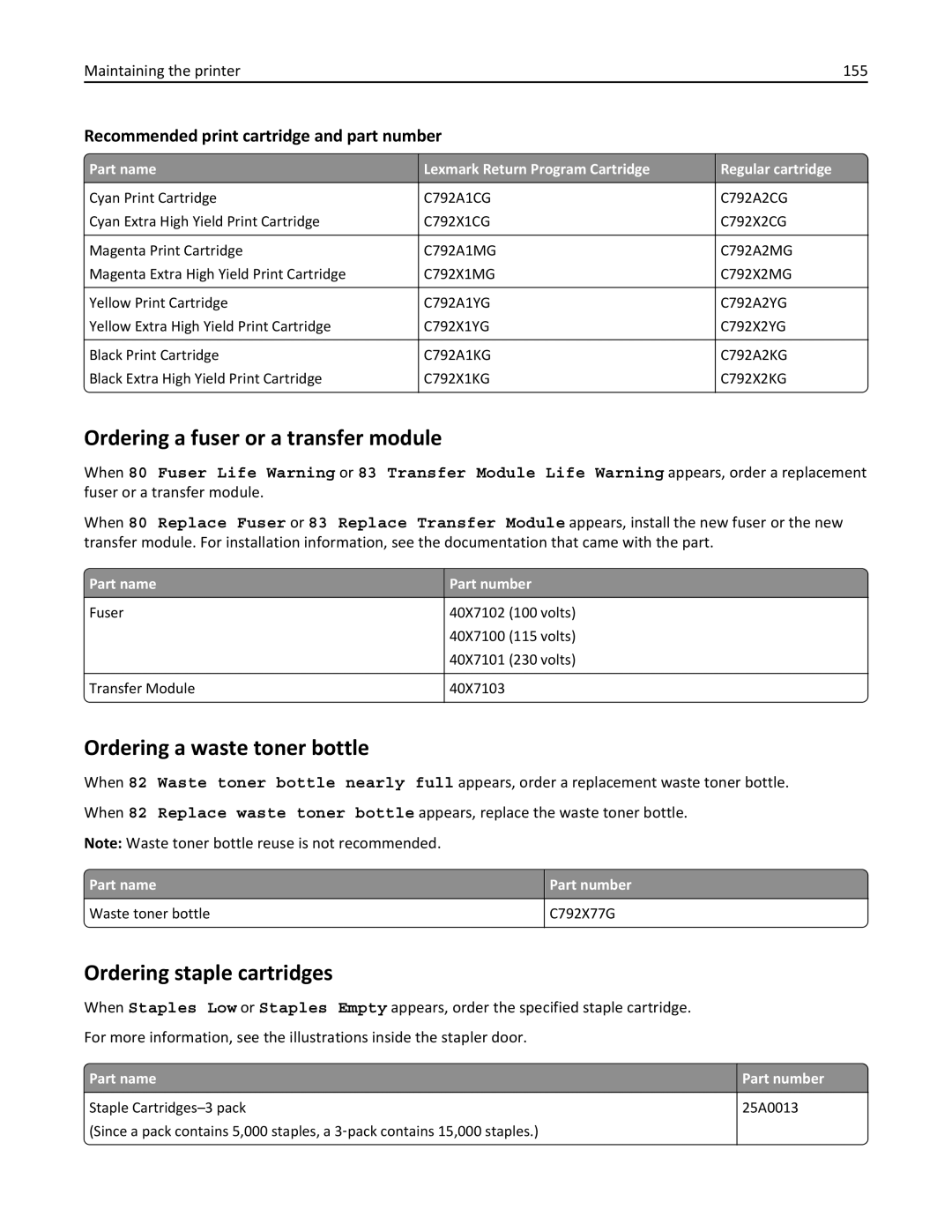 Lexmark 47B0002 manual Ordering a fuser or a transfer module, Ordering a waste toner bottle, Ordering staple cartridges 