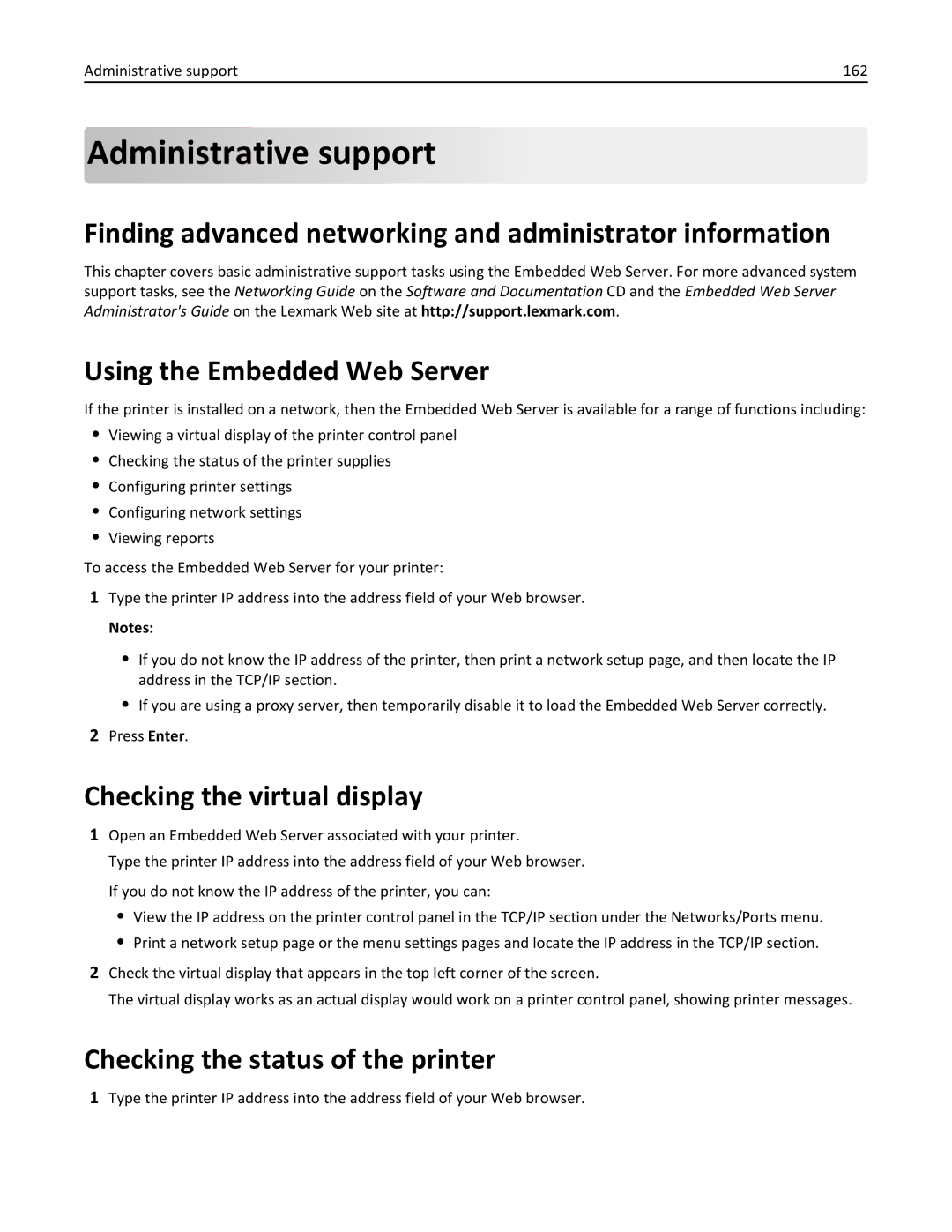 Lexmark 47B0002 manual Administrative support, Finding advanced networking and administrator information 