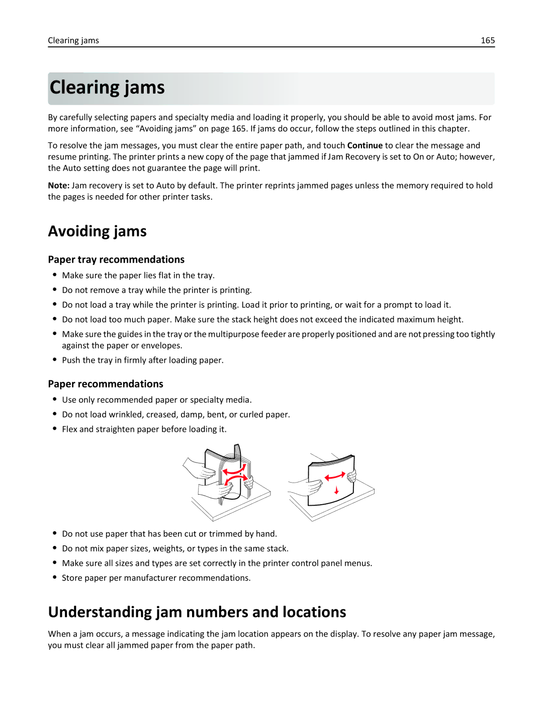 Lexmark 47B0002 manual Avoiding jams, Understanding jam numbers and locations, Clearing jams 165 