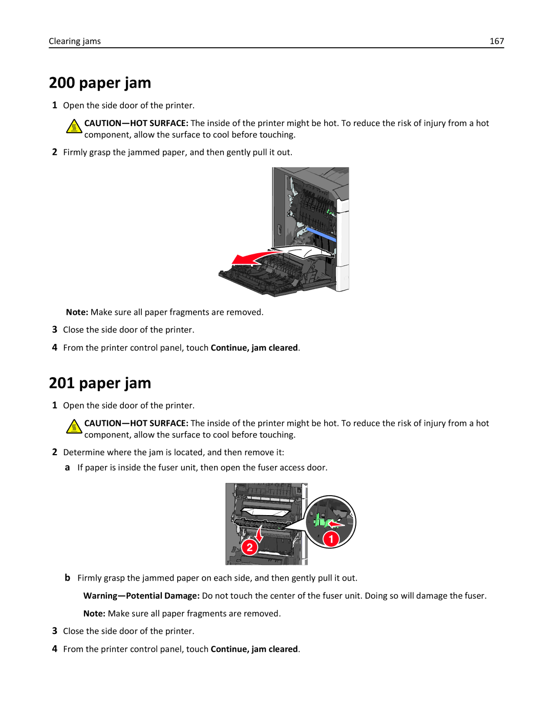 Lexmark 47B0002 manual Paper jam, Clearing jams 167 