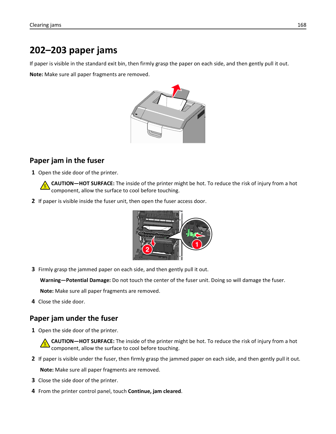 Lexmark 47B0002 manual Paper jams, Paper jam in the fuser, Paper jam under the fuser, Clearing jams 168 