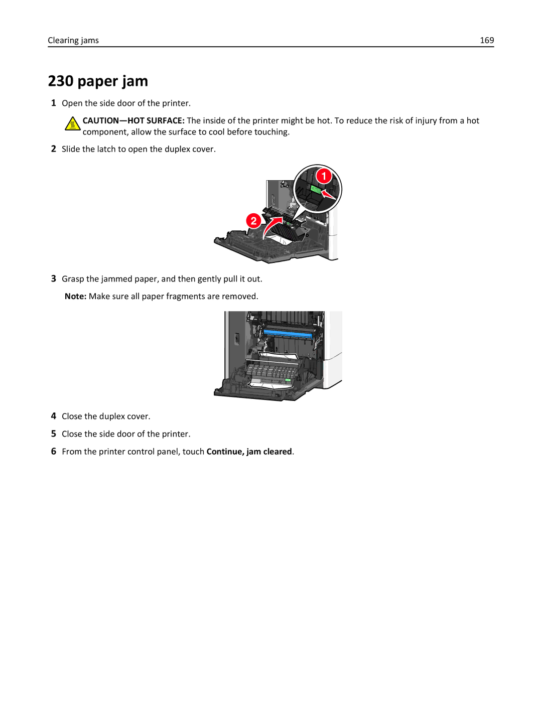 Lexmark 47B0002 manual Clearing jams 169 