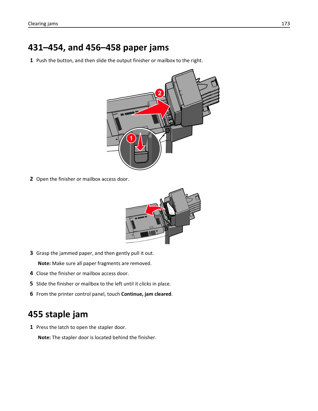 Lexmark 47B0002 431-454, and 456-458 paper jams, Staple jam, Clearing jams 173, Press the latch to open the stapler door 