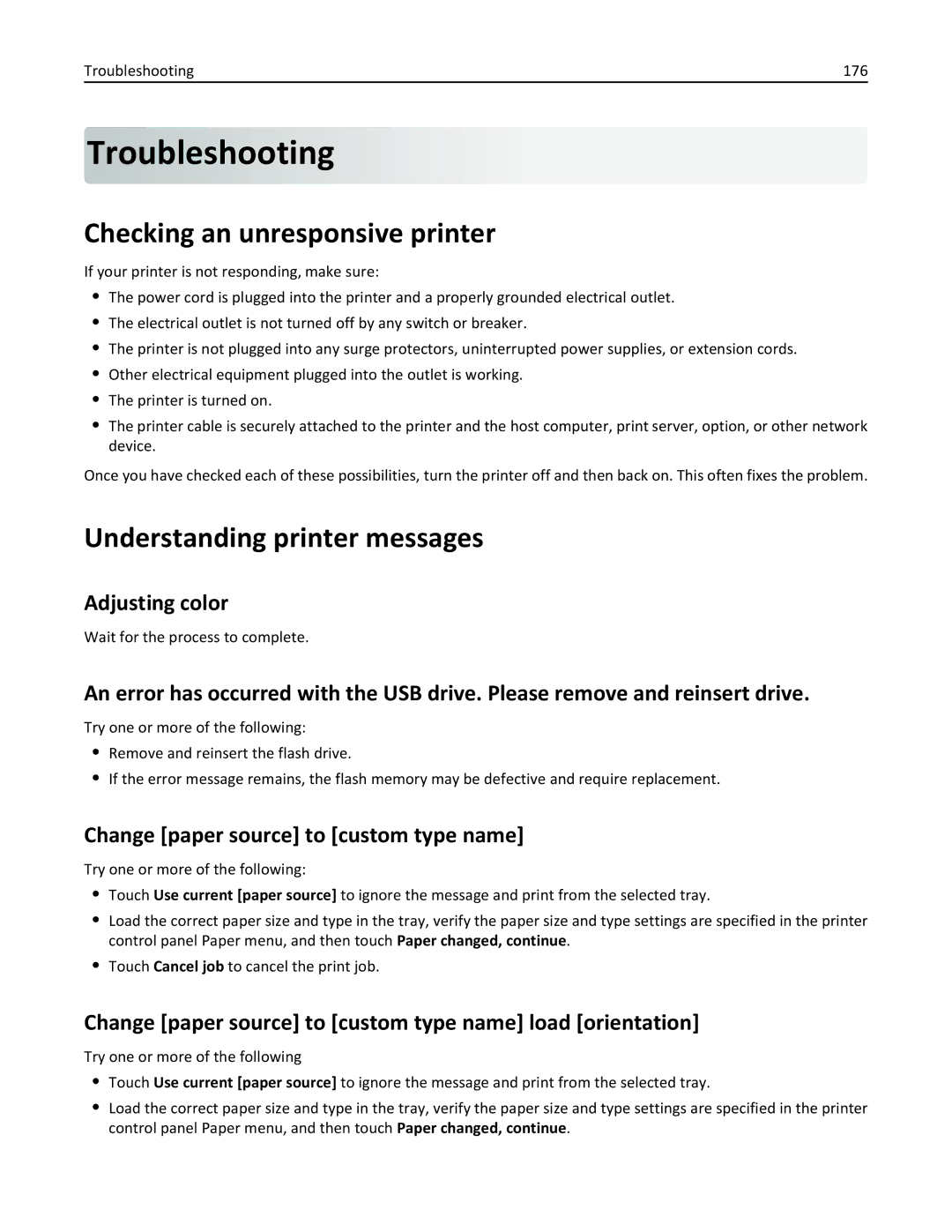 Lexmark 47B0002 manual Troubleshooting, Checking an unresponsive printer, Understanding printer messages 