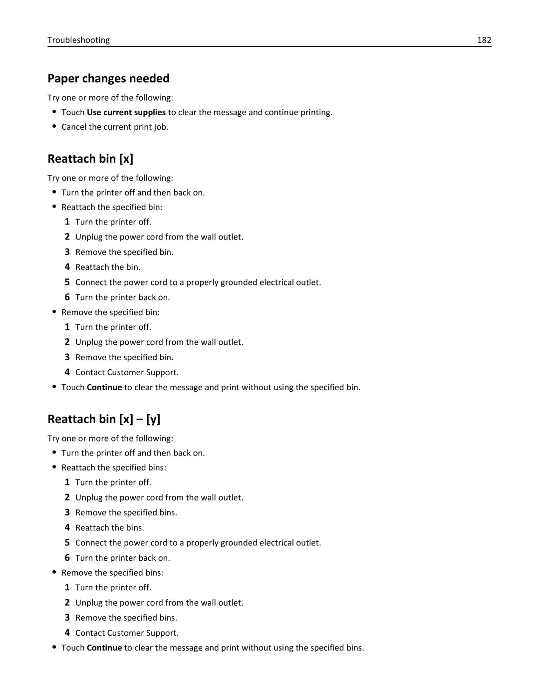 Lexmark 47B0002 manual Paper changes needed, Reattach bin x y, Troubleshooting 182 