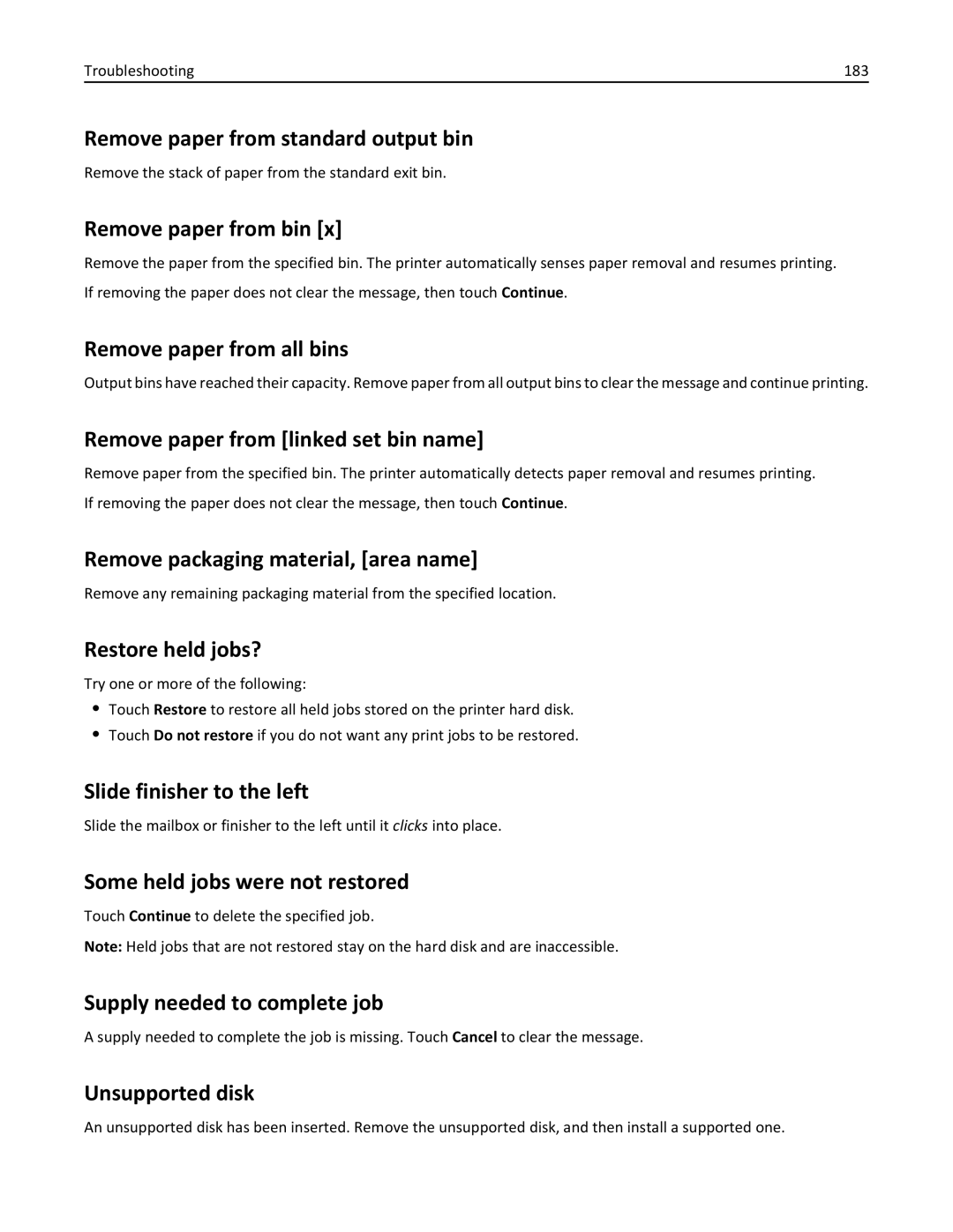 Lexmark 47B0002 Remove paper from standard output bin, Remove paper from bin, Remove paper from all bins, Unsupported disk 