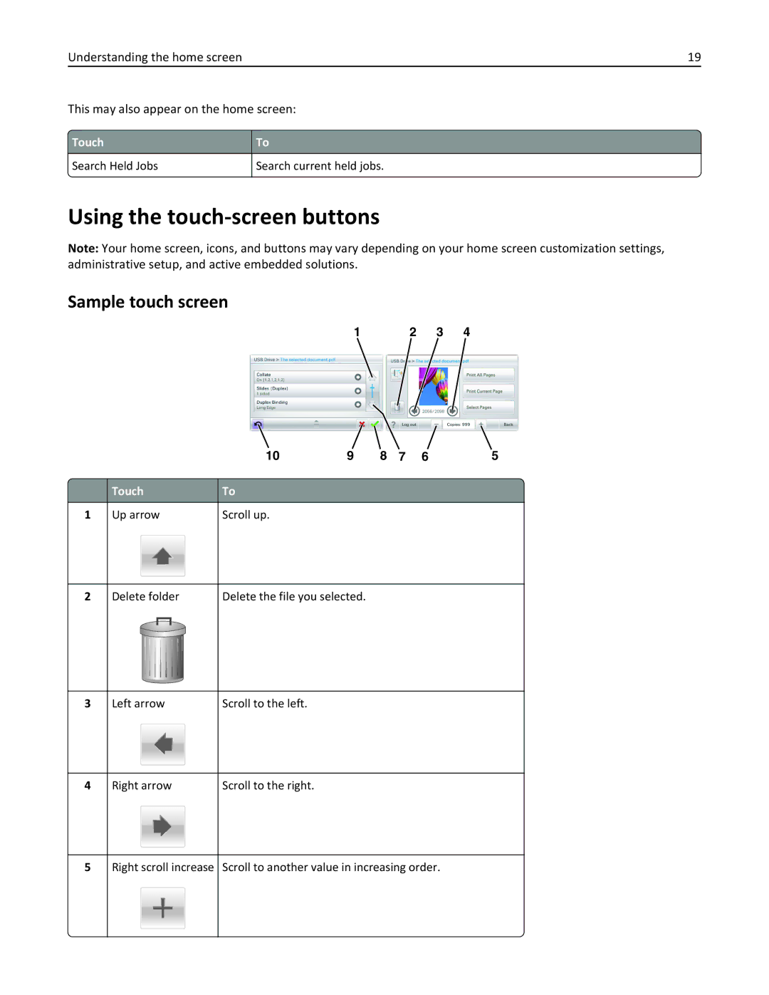 Lexmark 47B0002 manual Using the touch-screen buttons, Sample touch screen, Touch Search Held Jobs Search current held jobs 