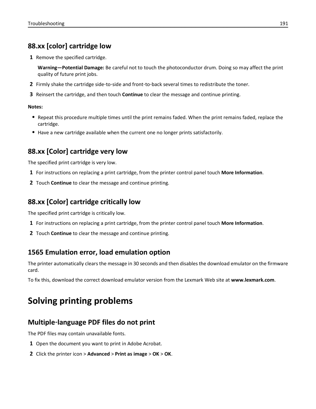 Lexmark 47B0002 manual Solving printing problems, Xx color cartridge low, Xx Color cartridge very low 